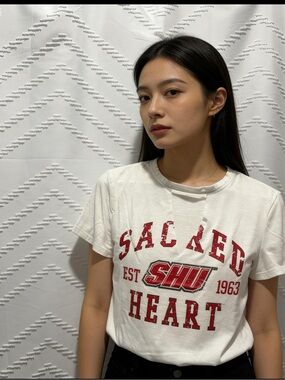 White Graphic 'Sacred Heart' Short Sleeve Tee with Red Print